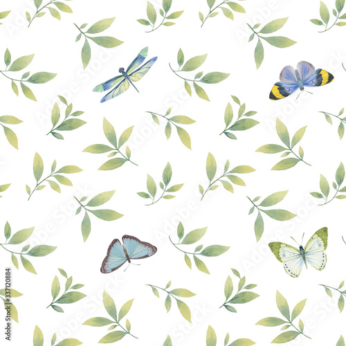 Graceful butterflies on a background of green leaves. Botanical seamless pattern. Leaves and butterflies. Wrapping paper, wallpaper, printable