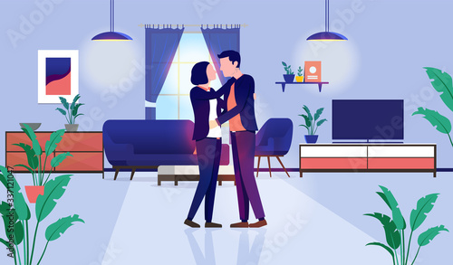 Couple staying home in living room cuddling. Interior and furniture in background, light coming in from window. Romantic, everyday life and girlfriend, boyfriend concept. Vector illustration.