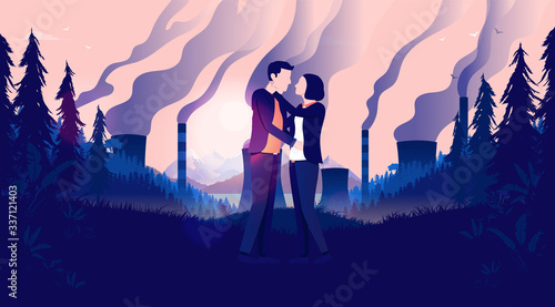 Couple in a polluted landscape. Two people in a relationship standing in nature with factories polluting the atmosphere. Climate change, hope for a better tomorrow and future concept. Vector.