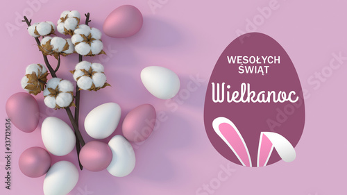 Wesołych Świąt Wielkanocnych. Minimalna koncepcja z białym i różowym wzorem różnej wielkości jaj na różowym tle.