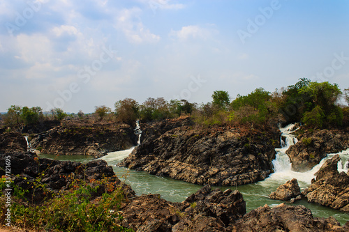 Li Phi Falls on Mekong River. Famous Landscape in Mekong River Delta, 4000 islands, Champasak, Laos.