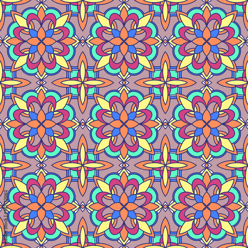 Colorful floral ornament. Seamless pattern element. Ethnic motives. Raster illustration.