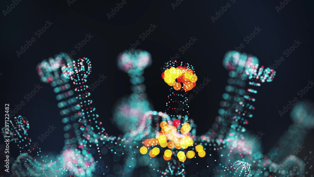 Digital model of coronavirus COVID-19 and dna strand shown as round azure cell with spikes and DNA helixes around it on black background. Animated concept of dangerous virus strain. 3d rendering in 4K