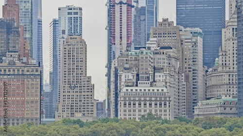 Tip of the Manhattan Island during the gloomy weather from the Staten Island Ferry, New York.