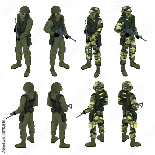 Isometric a soldier in a gas mask and with a gun isolated on white. Protection against chemical or bacterial contamination. Quarantine.