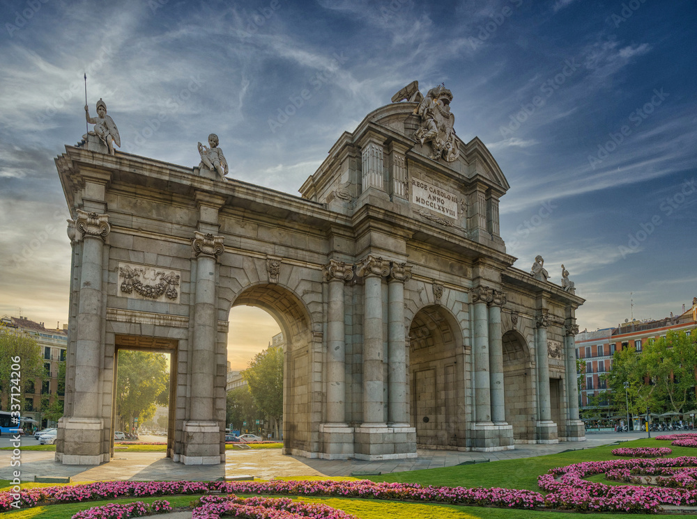 Sunset at the Puerta de Alcala in Madrid