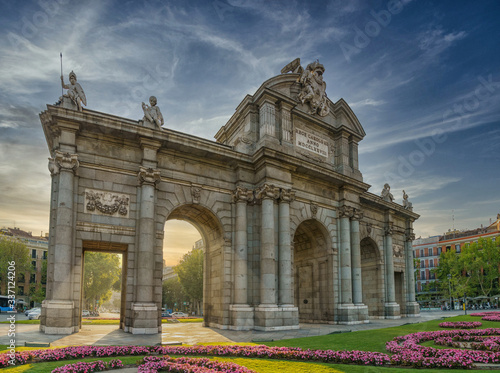 Sunset at the Puerta de Alcala in Madrid