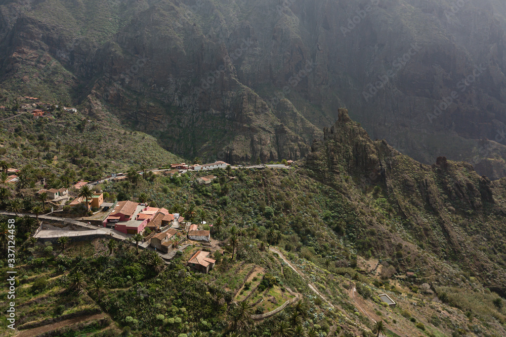 Aerial View of Mountain road to Masca village on Tenerife, Spain Aerial View of Mountain road to Masca village on Tenerife, Spain