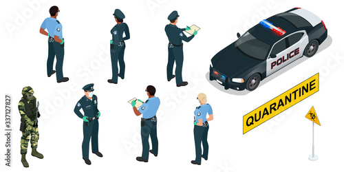 Isometric police officers in medical masks and gloves. Quarantine Control. Coronavirus Prevention. Police characters and police car.