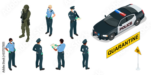 Isometric police officers in medical masks and gloves. Quarantine Control. Coronavirus Prevention. Police characters and police car.