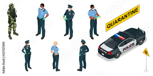 Isometric police officers in medical masks and gloves. Quarantine Control. Coronavirus Prevention. Police characters and police car.
