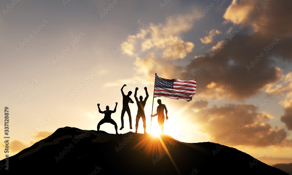 A group of people celebrate on a mountain top with USA flag. 3D Render