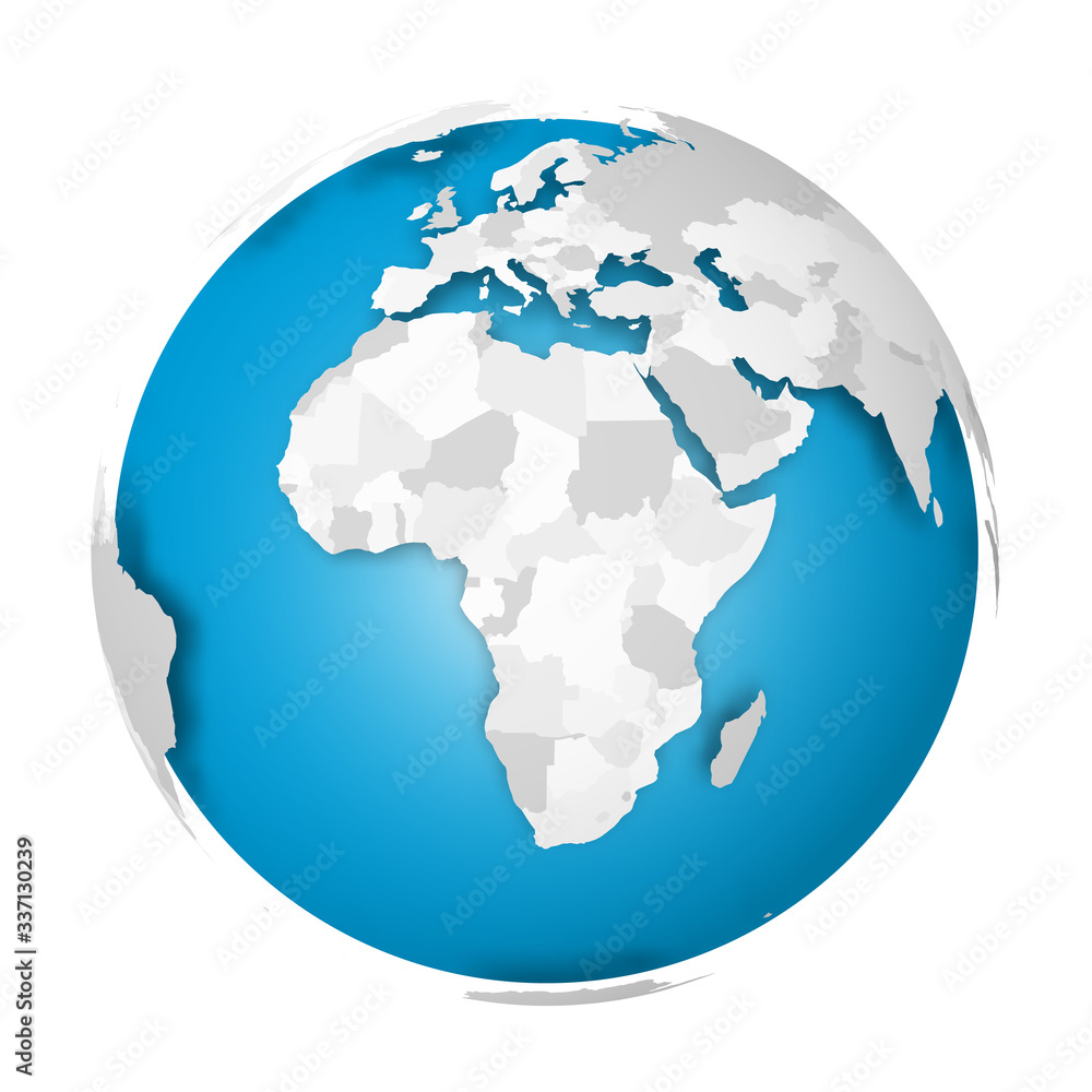 Earth globe. 3D world map with grey political map of countries dropping shadows on blue seas and oceans. Vector illustration