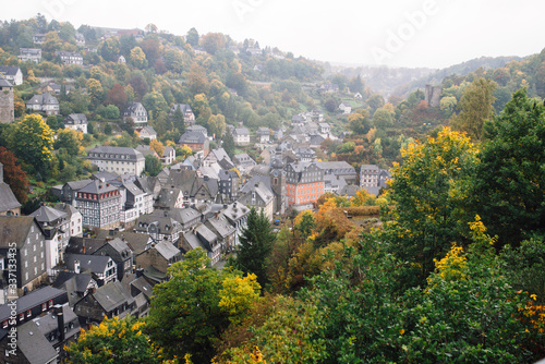 cloudy autumn panorama of the old city. Monschau  Germany.