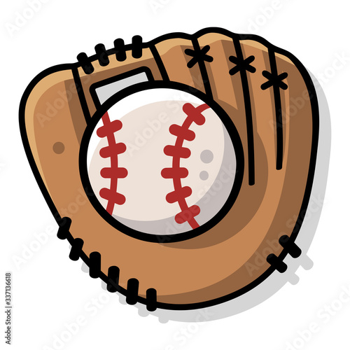 Vector illustration of a cartoon retro baseball or softball mitt with a ball isolated on white. Themes: sports equipment, physical activity, training, competition, America, pitching, outside fun.