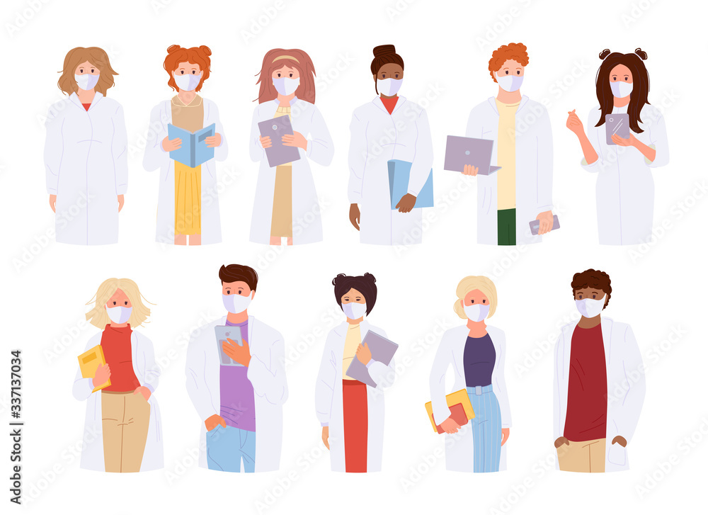 Coronavirus Covid 19, doctors in a white coat and medical mask. Flat cartoon style. International facemask scientists. Paramedics are protected from the virus, flu. Stop pandemic. Vector illustration Coronavirus Covid 19, doctors in a white coat and medical mask. Flat cartoon style. International facemask scientists. Paramedics are protected from the virus, flu. Stop pandemic. Vector illustration