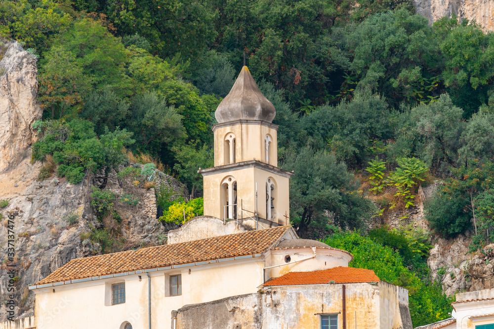 Architecture of beautiful Amalfi, view with church