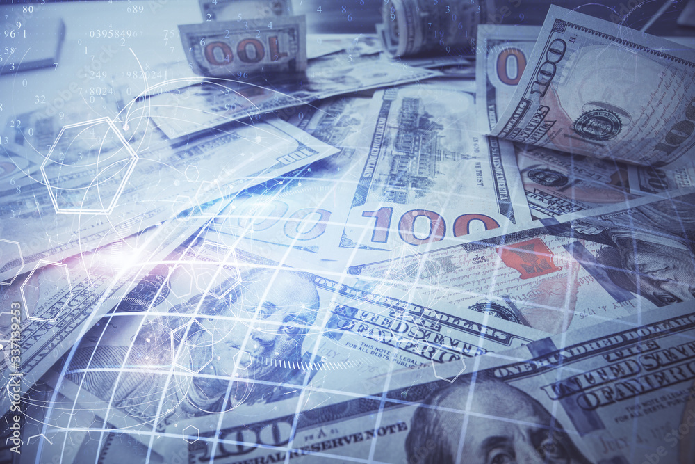 Double exposure of world map drawing over us dollars bill background. International concept. Double exposure of world map drawing over us dollars bill background. International concept.