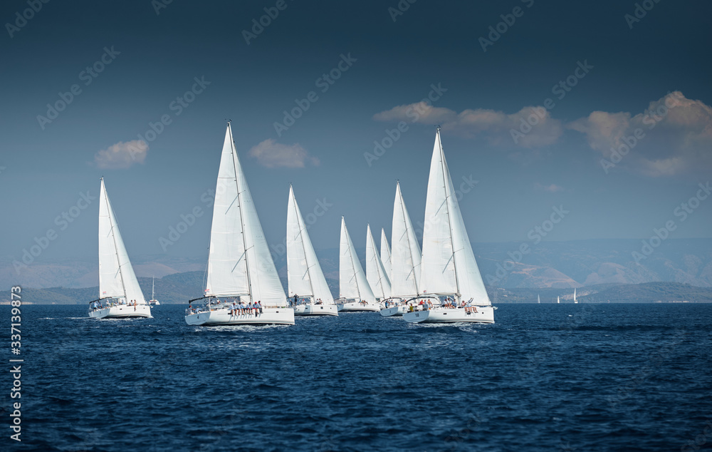 The race of sailboats, a sail regatta, reflection of sails on water, Intense competition, number of boat is on aft boats, Bright colors, island is on background