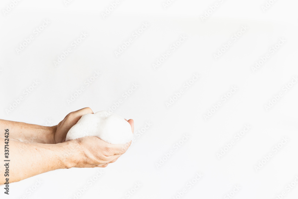 a man hands washing his hands with soap bubbles cleaning hands wash off germs virus plain white background a man hands washing his hands with soap bubbles cleaning hands wash off germs virus plain white background