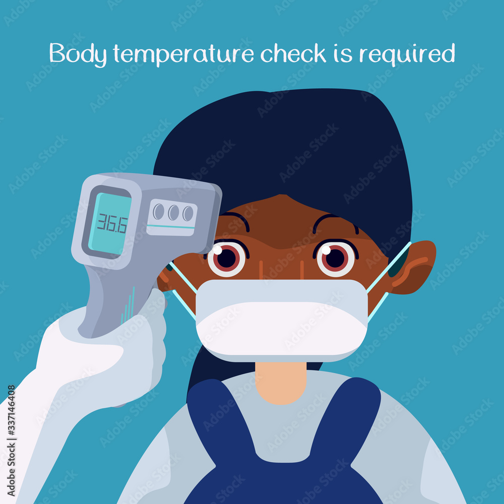 Temperature check text on blue backdrop. Afro woman in mask for social  banner or propaganda, hygiene promotion, medical poster. Chemist shop logo  or info card. Cartoon style stock vector illustration Stock Vector |