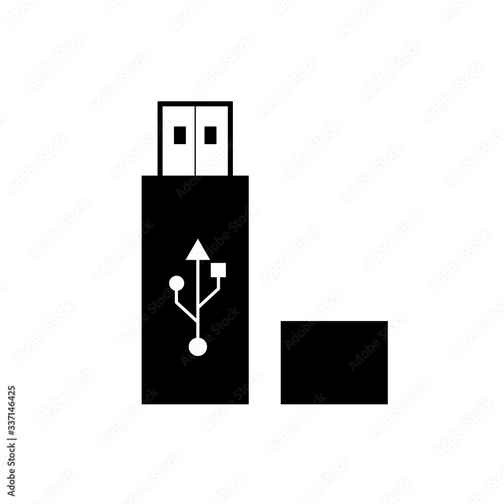 Black usb flash drive icon with symbol, vector isolated on white background. Connectors and sockets for PC and mobile devices. Black usb flash drive icon with symbol, vector isolated on white background. Connectors and sockets for PC and mobile devices.