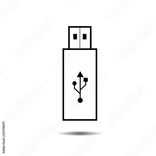 USB flash drive icon with symbol and shadow, vector isolated on white background. Connectors and sockets for PC and mobile devices.