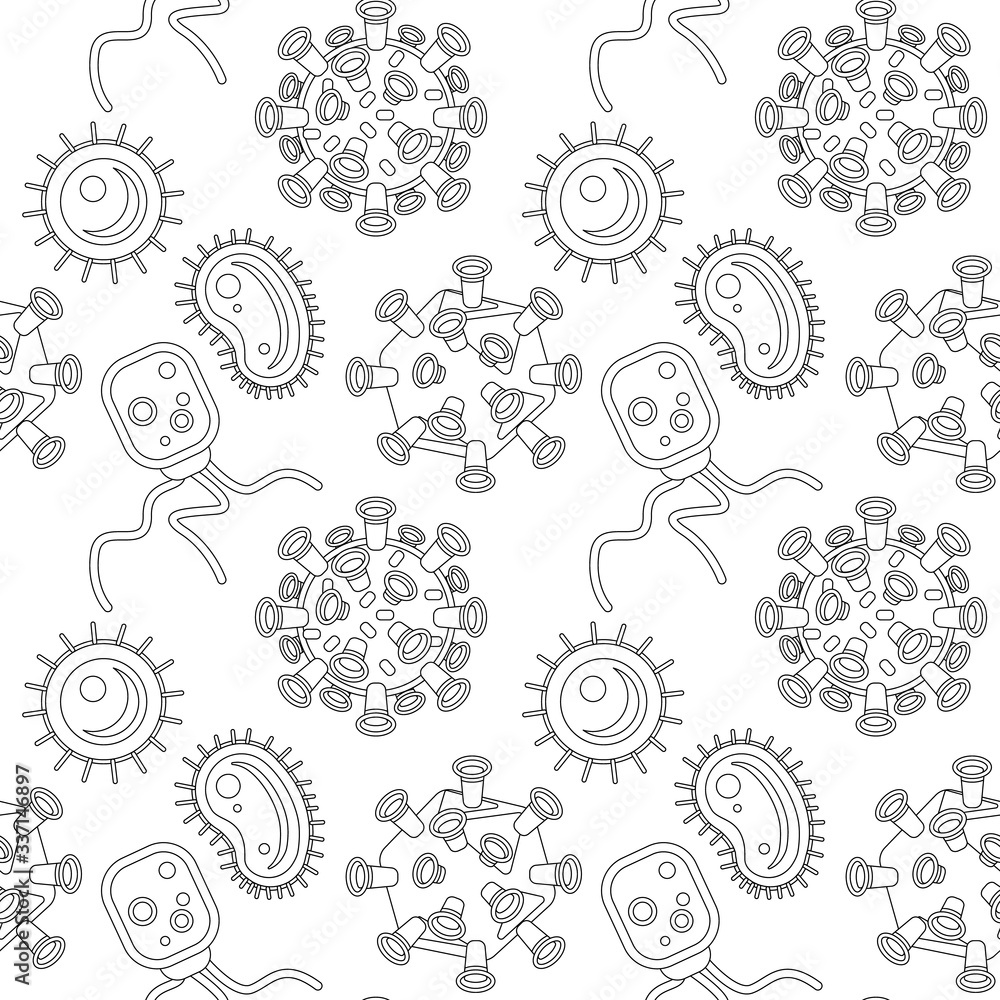 Black line germs on backdrop. Viral seamless pattern for wrap paper, sleeper, pillowcase or bed linen, bath tile. Social banner, phone case or cloth print art. Minimal style stock vector illustration