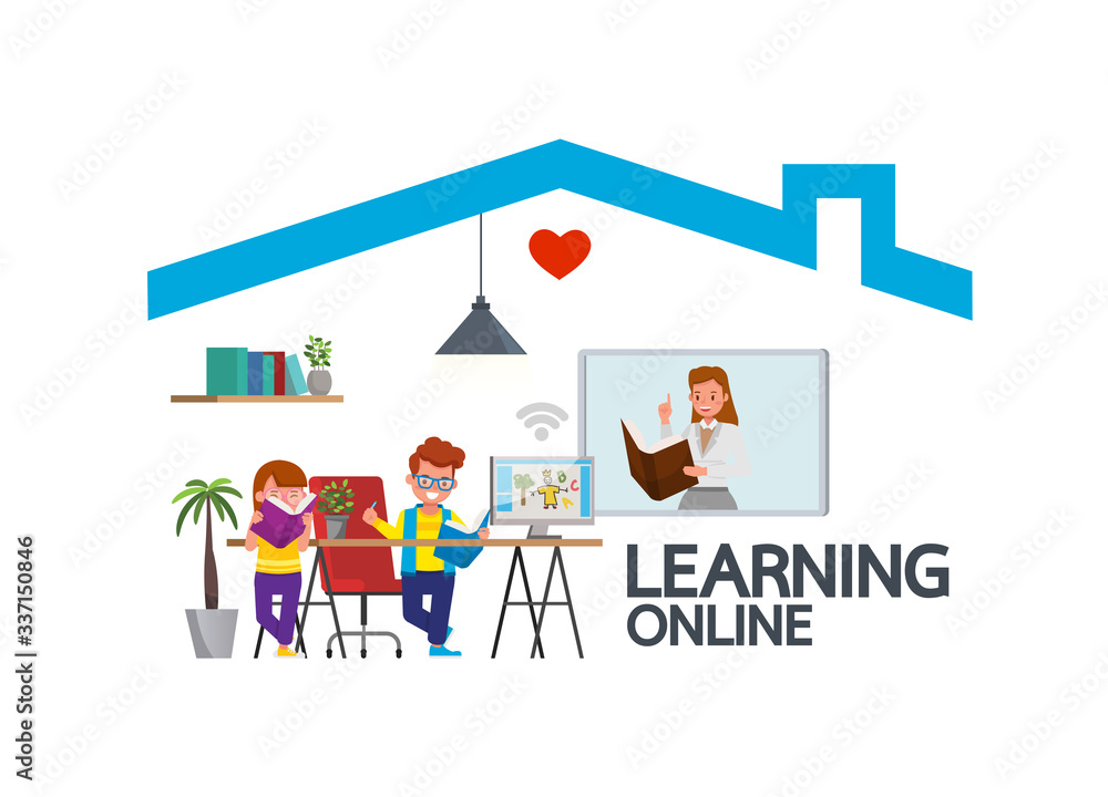 Distance learning online education classes for children during coronavirus. Social distancing, self-isolation and stay at home concept. Kid character vector design. no3 Distance learning online education classes for children during coronavirus. Social distancing, self-isolation and stay at home concept. Kid character vector design. no3