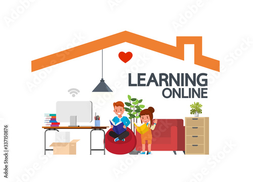 Distance learning online education classes for children during coronavirus. Social distancing, self-isolation and stay at home concept. Kid character vector design. no5