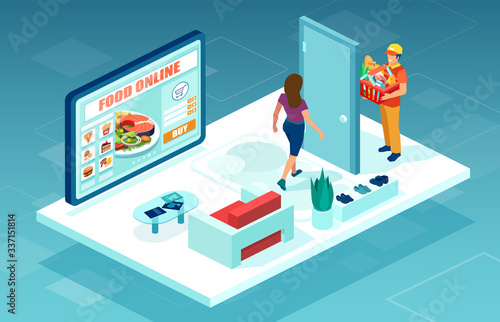 Vector of a delivery man with a grocery box at the door of a customer completing online food order