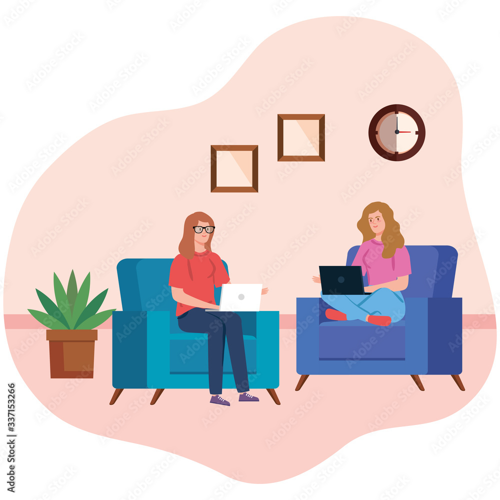 women working in telecommuting sitting in couch with laptops vector illustration design