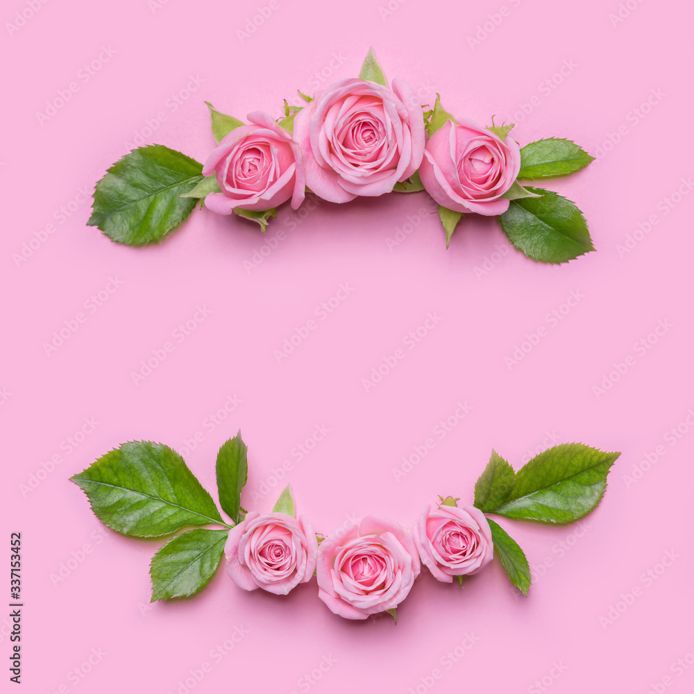 Floral frame with pink roses on a pink background. Border of flowers