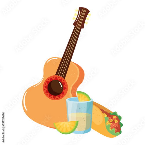 Mexican guitar burrito tequila shot and lemon design, Mexico culture tourism landmark latin and party theme Vector illustration