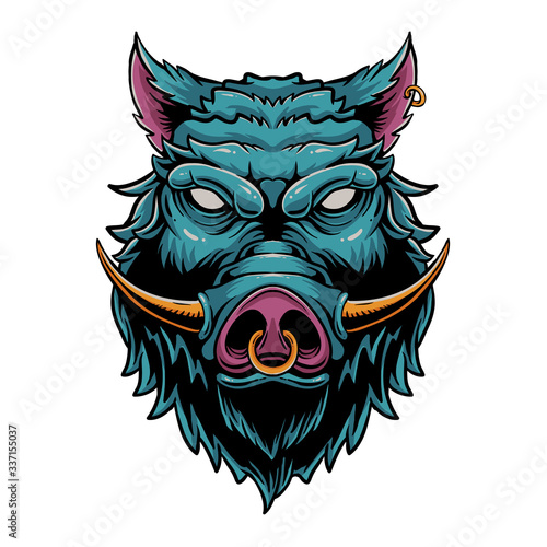Wild boar head illustration. Angry hog for t-shirt design, sticker, or poster