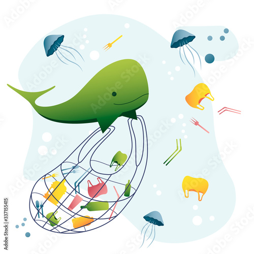 International ocean day. Earth day, the Day of the planet. Cute whale picks up garbage in the sea. Environmental lifestyle and sustainable development.