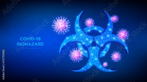 Biohazard symbol and virus cells. Coronavirus 2019-nCoV outbreak. COVID-19 Pandemic concept. Low polygonal abstract biohazard, epidemic, virus alert, infection, quarantine, sign. Vector illustration.