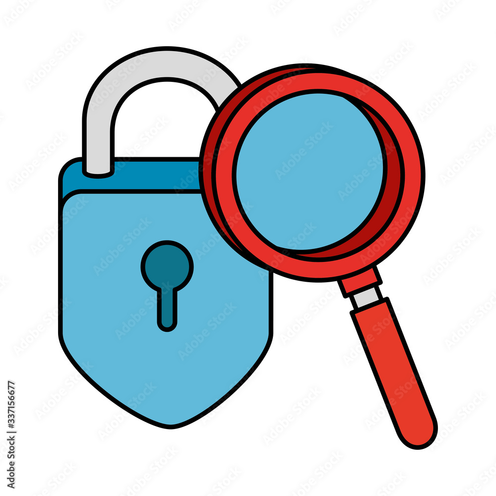 Padlock and lupe design of Security lock access door house safe safety and protection theme Vector illustration Padlock and lupe design of Security lock access door house safe safety and protection theme Vector illustration