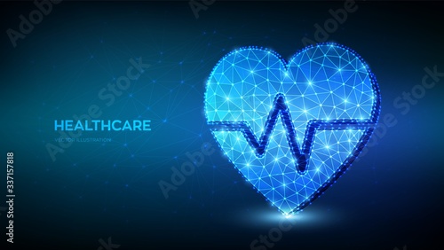 Healthcare, medicine and cardiology concept. Heart icon with heartbeat line. Abstract low polygonal heart with ecg line - symbol of medicine, medical care, emergency service. Vector illustration.