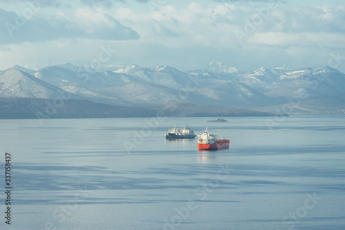 Seascape with ships in Avacha Bay, Kamchatka