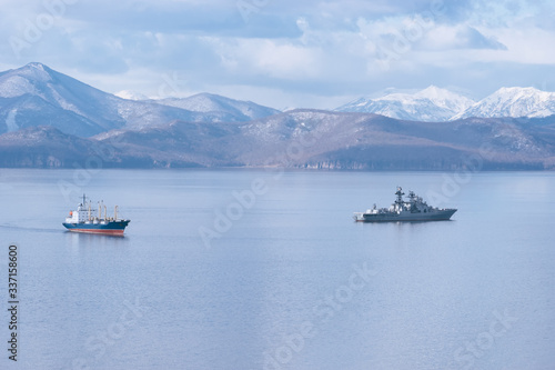Seascape with ships in Avacha Bay, Kamchatka © vvicca