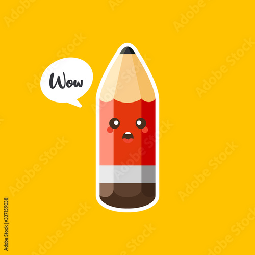 Cute and Kawaii Pencil charcter reative icon. . Isolated Pencil sign on color background. Drawing tools symbol, logo illustration. vector education illustration, stationery