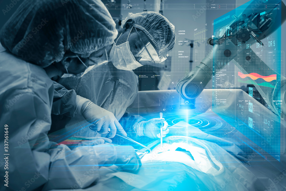 Operating room Doctor or Surgeon anatomy on Advanced robotic surgery machine futuristic virtual interface, robotic surgery are precision, miniaturisation future of tomorrow healthcare and wellness - obrazy, fototapety, plakaty 