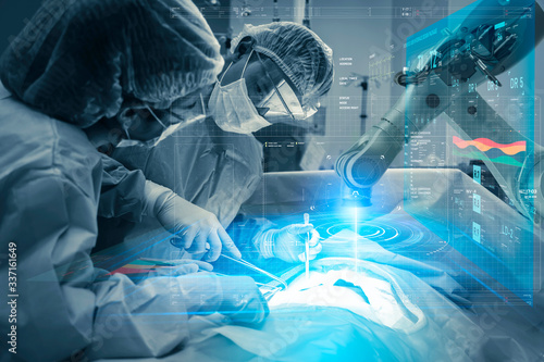 Operating room Doctor or Surgeon anatomy on Advanced robotic surgery machine futuristic virtual interface, robotic surgery are precision, miniaturisation future of tomorrow healthcare and wellness