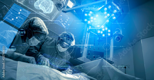 Foto Operating room Doctor or Surgeon anatomy on Advanced robotic surgery machine fut