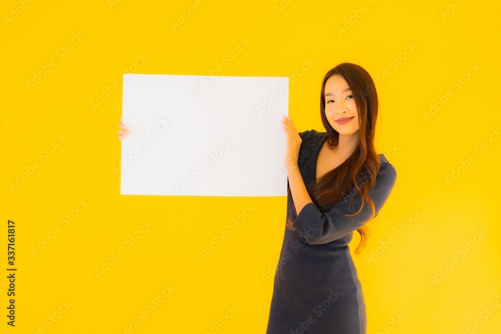 Portrait beautiful young asian woman with empty billboard Portrait beautiful young asian woman with empty billboard