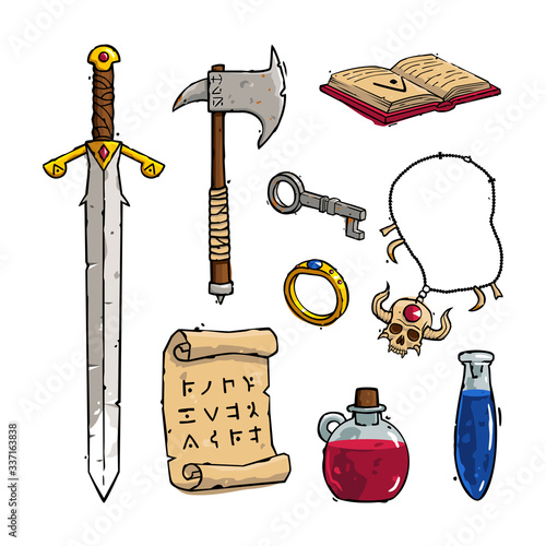 Vector set of medieval fantasy equipment illustrations. Includes a sword, an axe, a magic book, a scroll with runes, a gold magic ring with gem, a dungeon key, a red potion bottle, a blue potion.