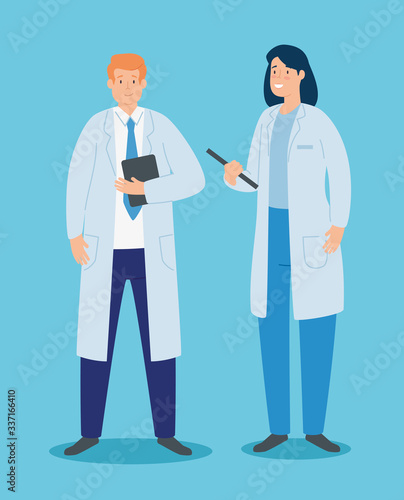 doctors couple with apron and documents vector illustration design