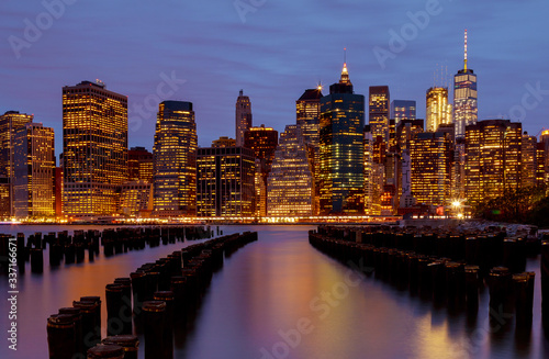 Waterfront skyline of New York City at night