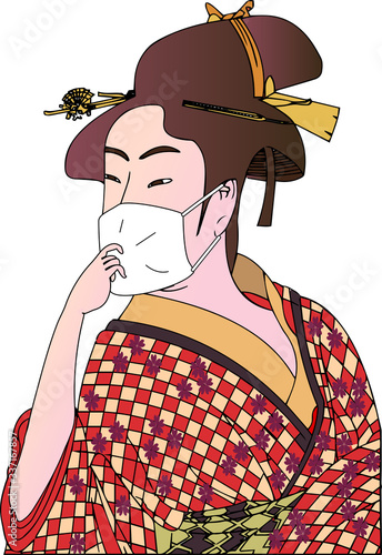 マスクする浮世絵美人